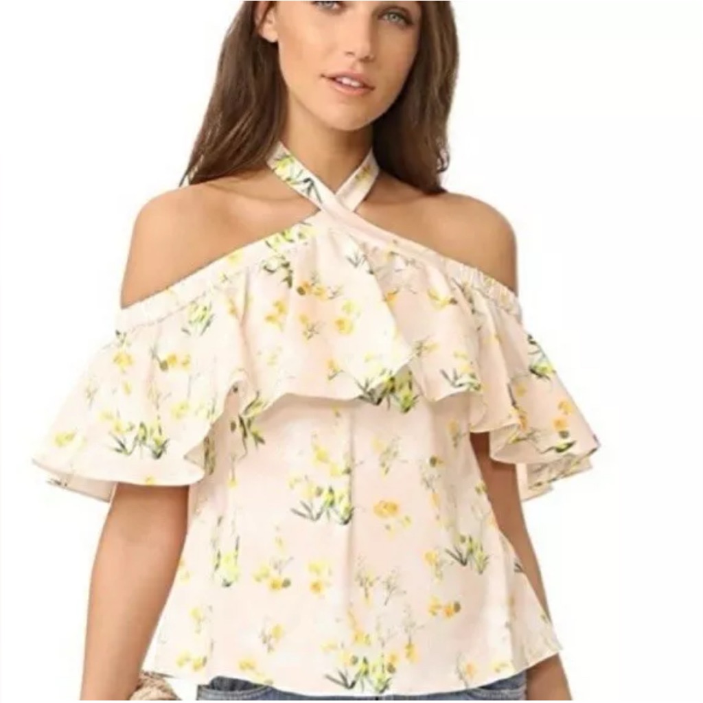 Rebecca Taylor Pink Floral Off The Shoulder Halter Top 0